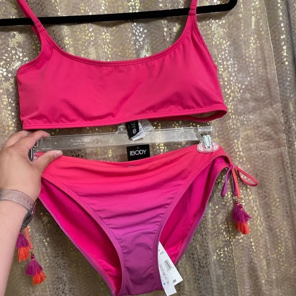 Bleu Rod Beattie Cotton On Pink Purple Ombre Tassel Bikini Set Large/12 NWT